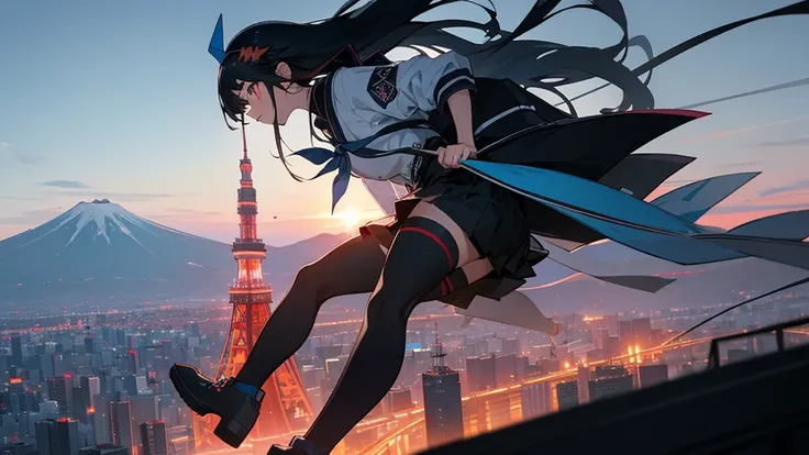 Capture the unique essence of Tokyo by combining the iconic Tokyo Tower with the iconic silhouette of Mount Fuji、"anime"Wind　Blue and black hair color　Long Hair　Accessories Headphones　anime顔　socks black tights　Boots student boots