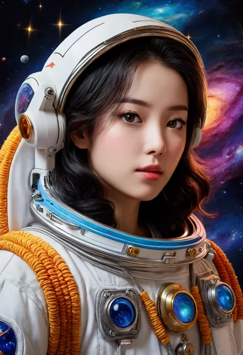 best quality, masterpiece, Ultra-high resolution,High-resolution details， (Reality:1.4), Surrealism, Like a dream,masterpiece，8K，lifelike，
Astronaut lost in a fantasy galaxy, A few shining stars，Colorful fantasy planet，
Embroidery style，Front view，Suffocat...