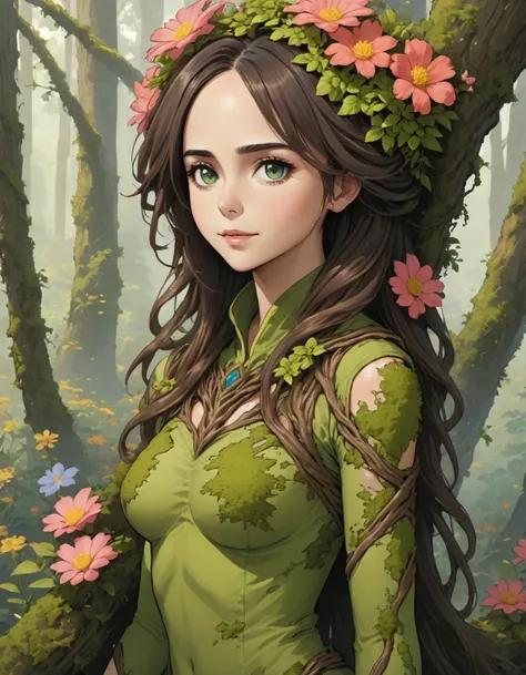 Plant based alien lifeform. covered in moss, bark, flowers. vine like limbs. Eliza Dushku
