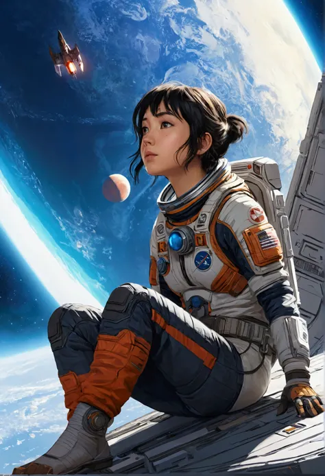 Anime Type、A girl sitting on the ground looking at a broken spaceship、Space Cowboys、サイバーSpace Cowboys、Josan Gonzalesに触発された、Xin Haicheng（Apexlegends）、Akira art style、Rosstranstil、Akira Vibes、Akira art style、Float next to the planet、Josan Gonzales、Sci-Fi Art...