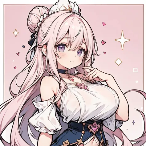 Anime Kawaii sexy Perfect Slim sensual body large breast and huge thighs, An intricate and highly detailed illustration of anime (Young girl). 1 girl, long pink bun hair, Symbol-shaped eyes, +_+, breasts big, Idol Costume, {girl with long pink bun hair nam...