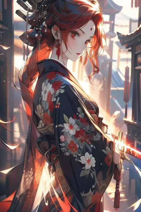 Perfect face. Perfect hands. A red haired woman with a red eyes and an hourglass figure in a kimono is spinning a red sword in a shrine