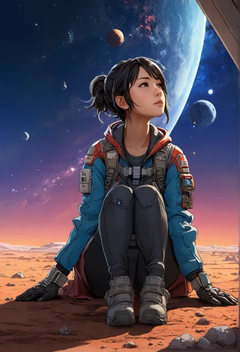 Anime Type、Girl sitting on the ground looking at the singularity、Space Cowboys、サイバーSpace Cowboys、Inspired by Josan Gonzalez、Xin Haicheng（Apexlegends）、Akira art style、Rosstranstil、Akira Vibes、Akira art style、Simple Background