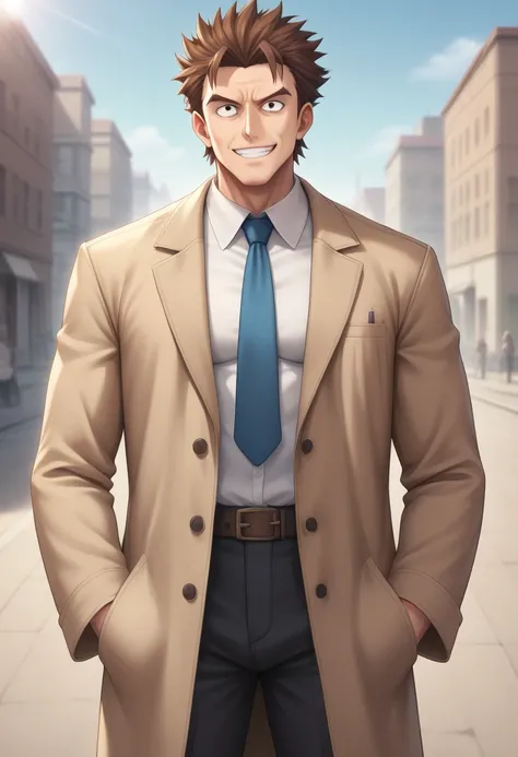 1man, veteran mature detective, muscular mature, big nose, wavy slicked back spiked hair, yellow brown hair, shihaku, brown eyes, stubble, dandy, virile, square shaped, large eyes, ugly, rough skin, facial wrinkles, ideal ratio body proportions, ordinaly, ...