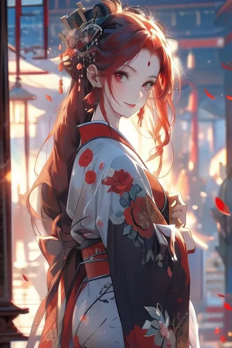 Perfect face. Perfect hands. A red haired woman with a red eyes and an hourglass figure in a kimono is smiling in a flurry of red rose petals in a shrine