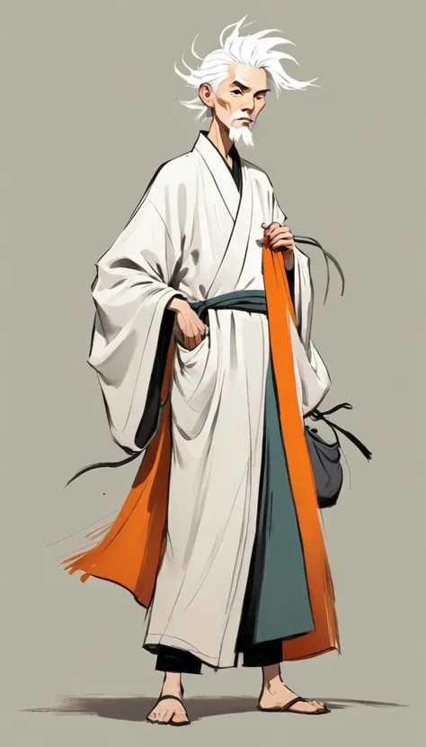 (((exaggerated digital character sketches:1.37))).(white-haired taoist，robe，cloth bags)，(black sketch lines，loose brushstrokes c...