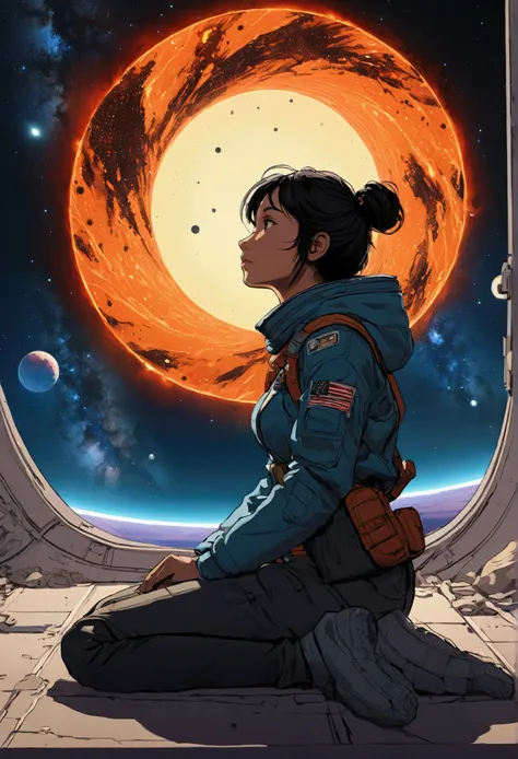 Anime Type、A girl sits on the ground and watches the birth of a black hole、Space Cowboys、サイバーSpace Cowboys、Inspired by Josan Gonzalez、Xin Haicheng（Apexlegends）、Akira art style、Rosstranstil、Akira Vibes、Akira art style、Simple Background