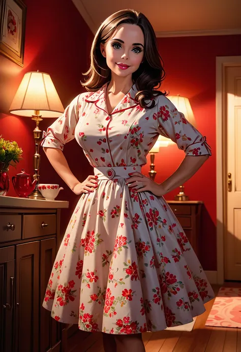 50s house wife. full length. featuring warm lighting and shadows. should be of the highest quality, a masterpiece with intricate...