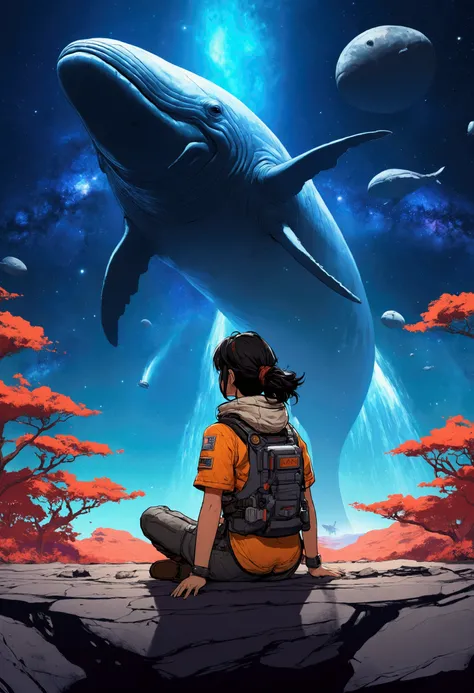 Anime Type、A girl sitting on the ground watching a space whale、Space Cowboys、サイバーSpace Cowboys、Inspired by Josan Gonzalez、Xin Haicheng（Apexlegends）、Akira art style、Rosstranstil、Akira Vibes、Akira art style、Simple Background