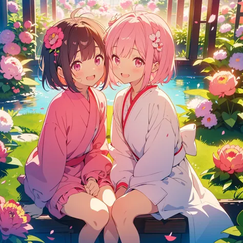 kawaii, anime, Cute, hyper quality, highly detailed, 8k, Clarity, A young girl with bright pink smooth short hair and vermilion eyes., (When I stand up, its a peony; when I sit, its a peony; when I walk, its a lily), peony flower, peony flower, lily flower...