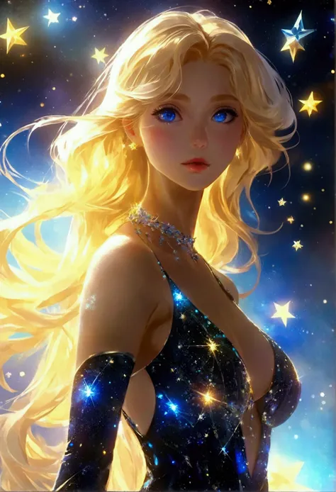 a glamour picture shot, of an elite model covered in stars, walking on a (dark catwalk: 1.2), an extraordinary glamourous elite female model, ((full body: 1.5)),  ((anatomically correct: 1.5), (ultra detailed face: 1.2), best detailed face, yrllow hair, lo...