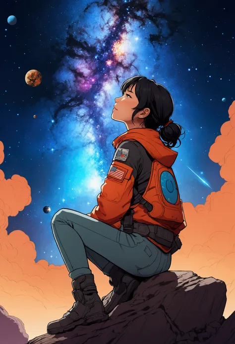 Anime Type、A girl sitting on the ground watching the birth of the universe、Space Cowboys、サイバーSpace Cowboys、Inspired by Josan Gonzalez、Xin Haicheng（Apexlegends）、Akira art style、Rosstranstil、Akira Vibes、Akira art style、Simple Background