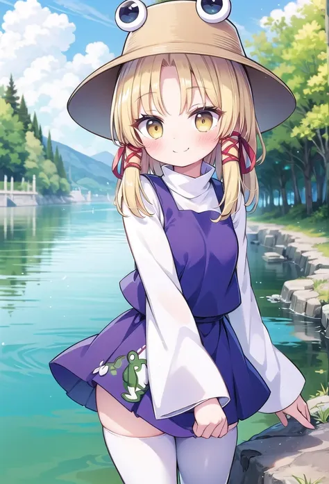 1girl, masterpiece, best quality, perfect hands, smile, blush, moriya suwako, frog print, hat, blonde hair, white shirt, purple ...