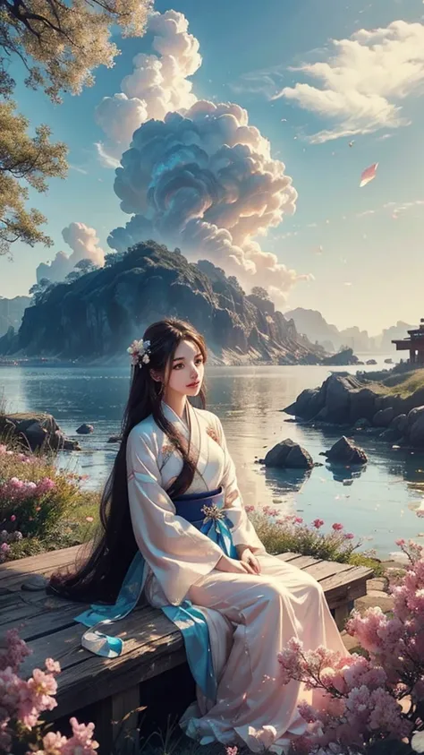 A beautiful girl wore a gorgeous Hanfu, her long hair fluttered on the side, showing elegance and maturity. She sat quietly in the flowers, the color was soft, and the colorful clouds were floating behind her. , Cloudy, soft --relax
