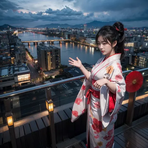 Photorealistic, a Japanese girl wearing a kimono floating in the air, dynamic pose, dynamic view, city background with rain