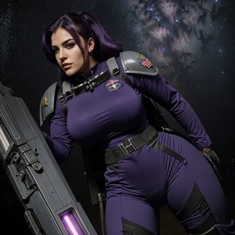 Bodysuit, purple hair, space, large breasts, fully clothed, large hips, spacesuit, mech pilot, space marine, soldier, marine, tactical, weapons, power armor, body armor, laser rifle, rebreather