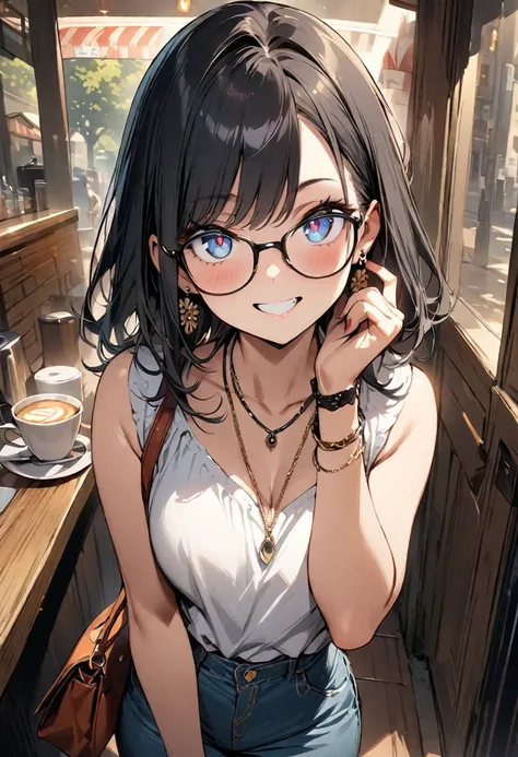 (masterpiece, best quality:1.3),high resolution,super fine illustration,detailed skin,detailed face,detailed eyes,1girl,casual,necklace,jewelry,bracelet,earrings,glasses,black hair,cafe,cowboy_shot,front view,looking_at_viewer,grin,