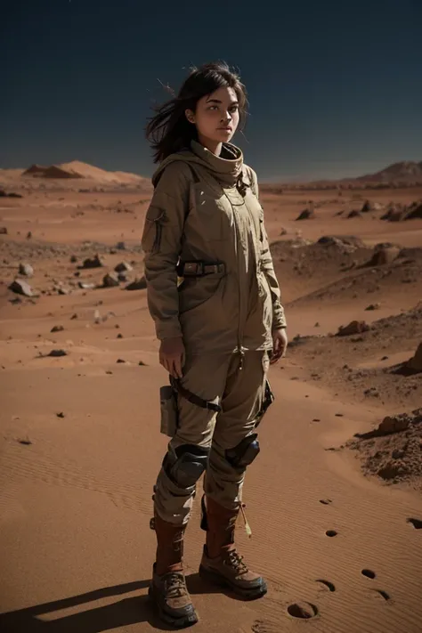 A girl in her mid 30s. Standing in war torn mars. She is injured  her cloths are torn. 