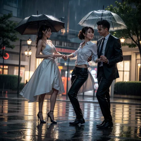 man and woman couple dancing in the rain