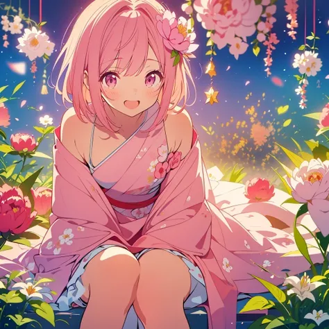 kawaii, anime, Cute, hyper quality, highly detailed, 8k, Clarity, A young girl with bright pink smooth short hair and vermilion eyes., (When I stand up, its a peony; when I sit, its a peony; when I walk, its a lily), peony flower, peony flower, lily flower...