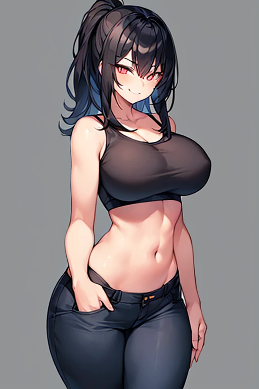 1girl, black hair, medium hair, glowing eyes, toned, toned female, large breasts, thick thighs, hourglass figure, smile, hand on pocket, black sports bra, jeans, pants, blue jeans, mature female, smirk, smug, arms behind back, hands on pocket