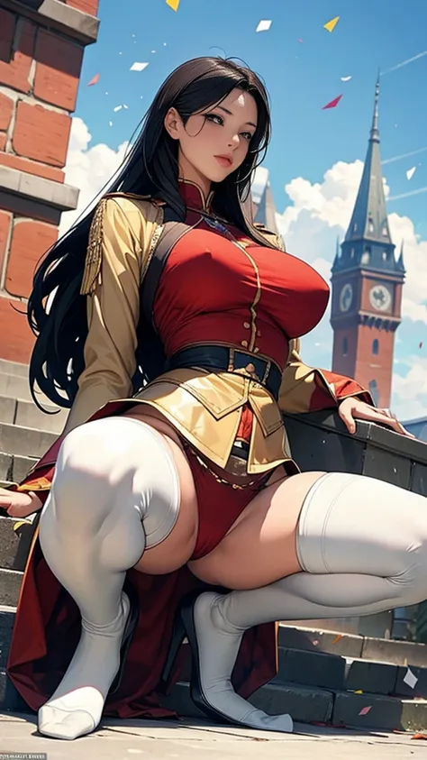 Highest quality, Official Art, masterpiece, Fabric Shading, High resolution, Very detailed, colorful, Best details, Fantasy, Combat Uniform:1.5, 1 female, Age 25, Black Hair, Long Hair, Up Bang Hair, One Length, Standing on the stairs, A castle town with a...