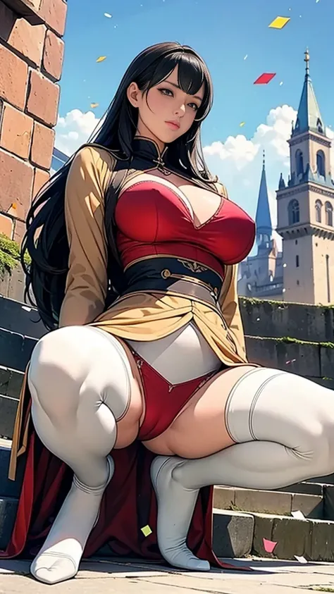 Highest quality, Official Art, masterpiece, Fabric Shading, High resolution, Very detailed, colorful, Best details, Fantasy, Combat Uniform:1.5, 1 female, Age 25, Black Hair, Long Hair, Up Bang Hair, One Length, Standing on the stairs, A castle town with a...