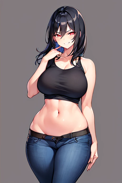 1girl, black hair, medium hair, glowing eyes, toned, toned female, large breasts, thick thighs, hourglass figure, smile, hand on pocket, black shirt, jeans, pants, blue jeans, mature female, smirk, smug, arms behind back, hands on pocket