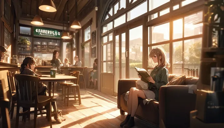 Girl sitting on sofa reading a book,In front of a large window,Morning sunlight,Streetscape、listen to music、Please scale the image referring to the following: Location：Cafe window location details：A wooden cafe(image：Starbucks)、Several people are briefly v...