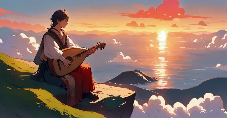 one  men, holding a lute, bard, sitting on a rock overlooking the horizon