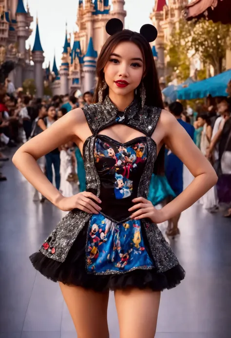 A cute woman (age 25, matching hair, disney character themed sexy outfit) is doing a disney themed fashion show, glamorous poses in the spotlight on the run way, show her full body