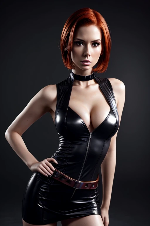 Gorgeous european woman with short hair, wet hair, hair slicked back, combed straight back, slick hair, streaked auburn hair, seductive pose, karen gillan, dressed as a sexy anime cosplay character, cleavage, solid dark grey background