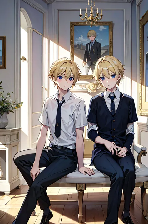 two blond twin boys in the living room of a mansion,sit together. schoolar uniform, chemise, necktie, pants