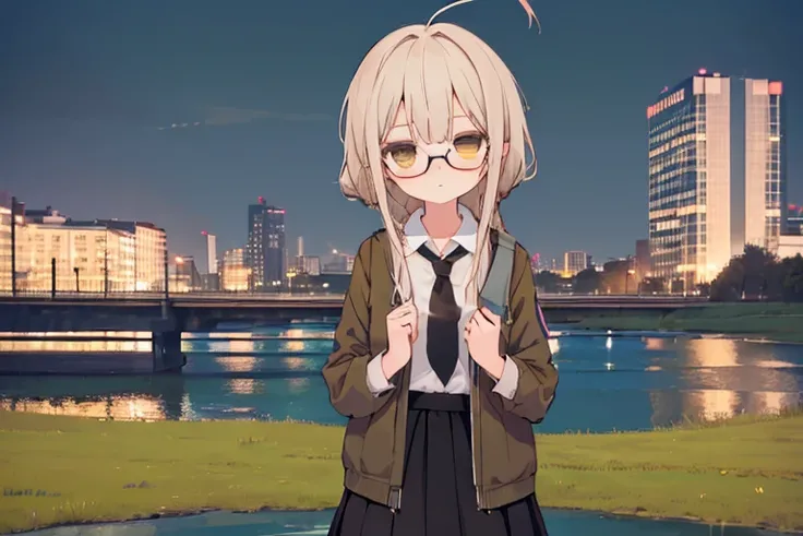 (highest quality，masterpiece:1.3)，((1 cute girl:1.2))，(10 years old:1.2),expressive 目s, Perfect Face，Brown eyes，dark green beret,White hair,long ahoge,Round Glasses Black，retro city background,Brown tie,brown skirt,Dark green jacket,Low Perspective，Wet shi...