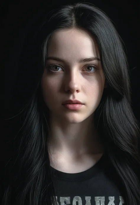 a girl with long black hair, dark eyes, pale skin, wearing a black t-shirt, realistic portrait, hyper detailed, 8k, photorealistic, studio lighting, dramatic chiaroscuro lighting, moody and atmospheric, intricate details, sharp focus, cinematic composition...