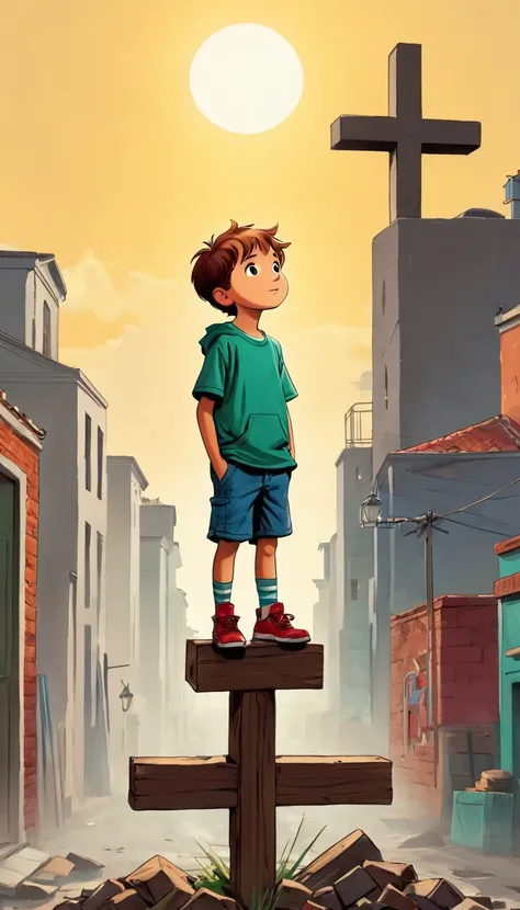 cartoon graffiti ，little boy standing on the cross，fear of heights，whole body,