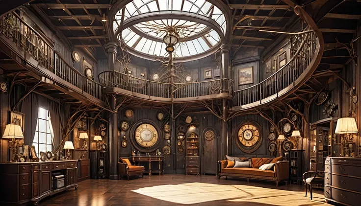 Huge and beautiful steampunk room with multiple branching rooms