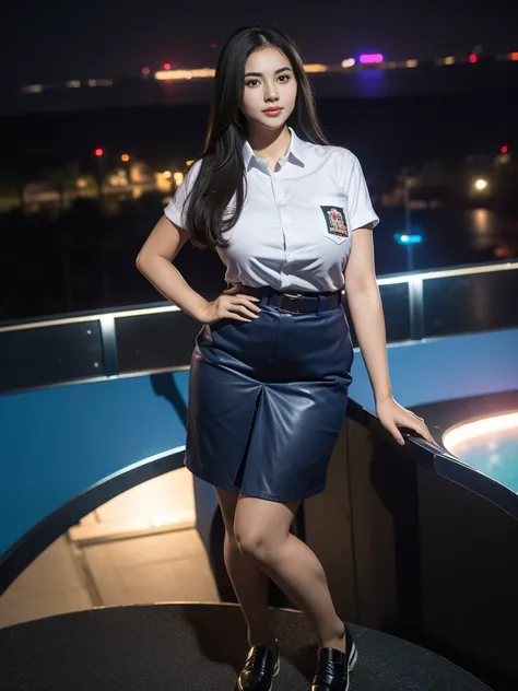 1girl, (uniform), standing, outdoors, night view, Metropolitan city at the background, detailed face, detailed eyes, huge breasts, shiny skin, short skirt, looking at the audience, (ultra wide angle shot: 1.4), (8k, RAW photo, best quality, masterpiece: 1....