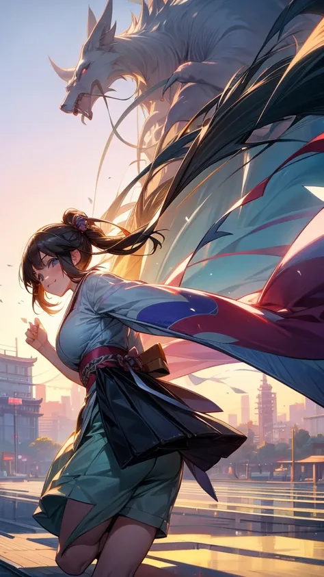 A girl chasing her dreams。Smiling, looking back。The background is a bright and bustling Japanese cityscape。