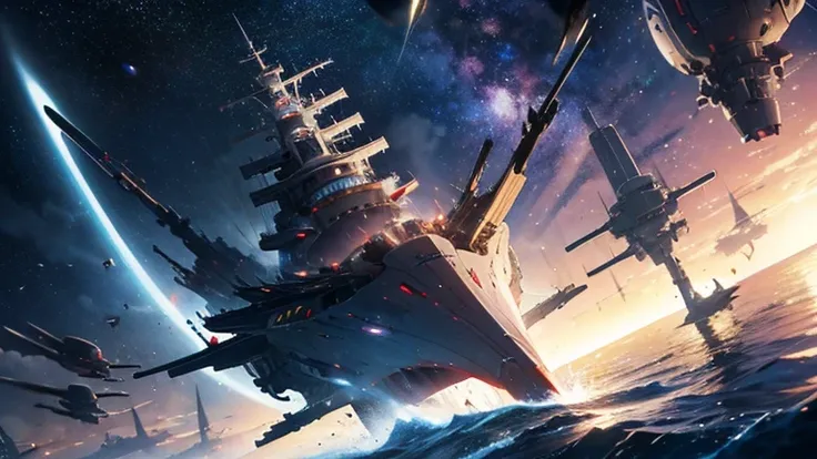 Space Battleship,perfect battleship,detailed battle ship,Break the battleship is flying in 宇宙,Break background in space,detailed background,