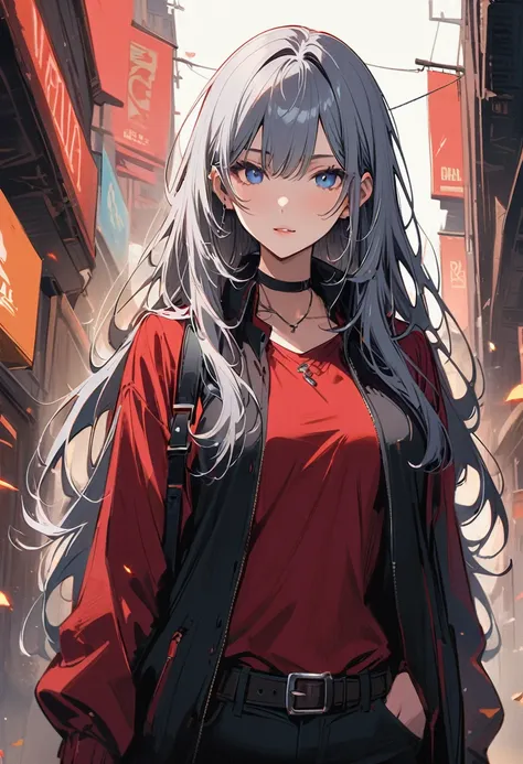 (Mature Woman１name), (Gray Hair, Long Hair:1.3), Blue colored eyes, (Medium chest),Cleavage, (red leather long coat),Open the front of your shirt ,The shirt is unbuttoned,belt, pants, belly button,masterpiece, high quality, 