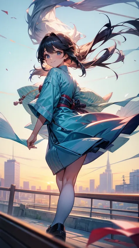 A girl chasing her dreams。Smiling, looking back。Stylish and cute clothes。The background is a bright and bustling Japanese cityscape。