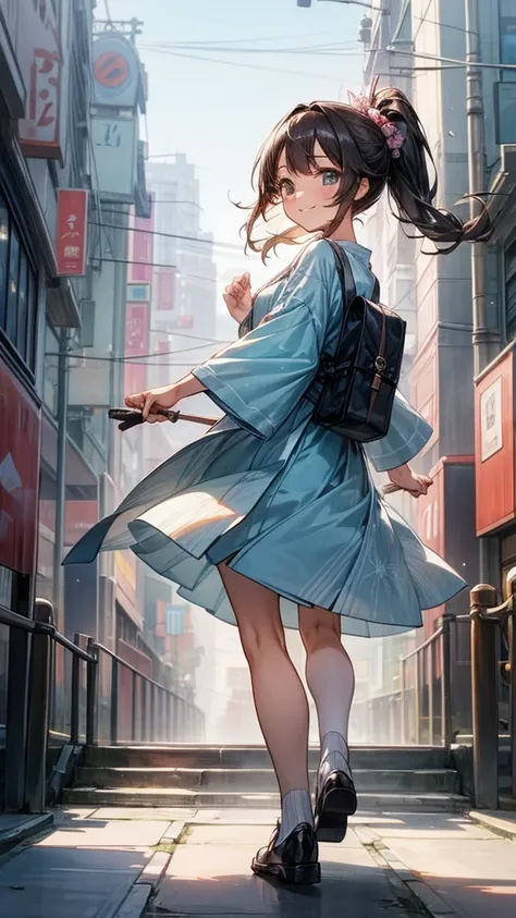 A girl chasing her dreams。Smiling, looking back。Stylish and cute clothes。The background is a bright and bustling Japanese cityscape。