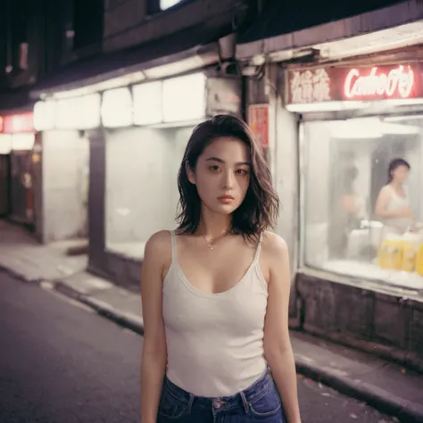 xxmixgirl, 1girl wet white tshirt look sexy, splash detailed, surreal dramatic lighting shadow (lofi, analog), kodak film by Brandon Woelfel Ryan McGinley, night Shibuya city, normal breasts, normal hips, wet, election of nipples, see-through nipples, (cam...