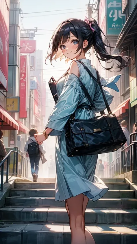 A girl chasing her dreams。Smiling, looking back。Stylish and cute clothes。Shoulder bag。The background is a bright and bustling Japanese cityscape。