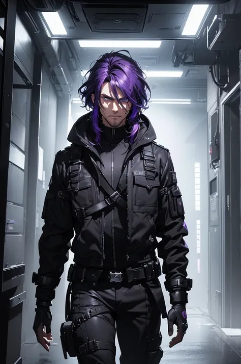 a man, male, rugged man, dark purple hair, dark futuristic black clothes, black hood, sci-fi scene, (best quality,4k,8k,highres,masterpiece:1.2),ultra-detailed,(realistic,photorealistic,photo-realistic:1.37),dramatic lighting,moody atmosphere,intricate det...