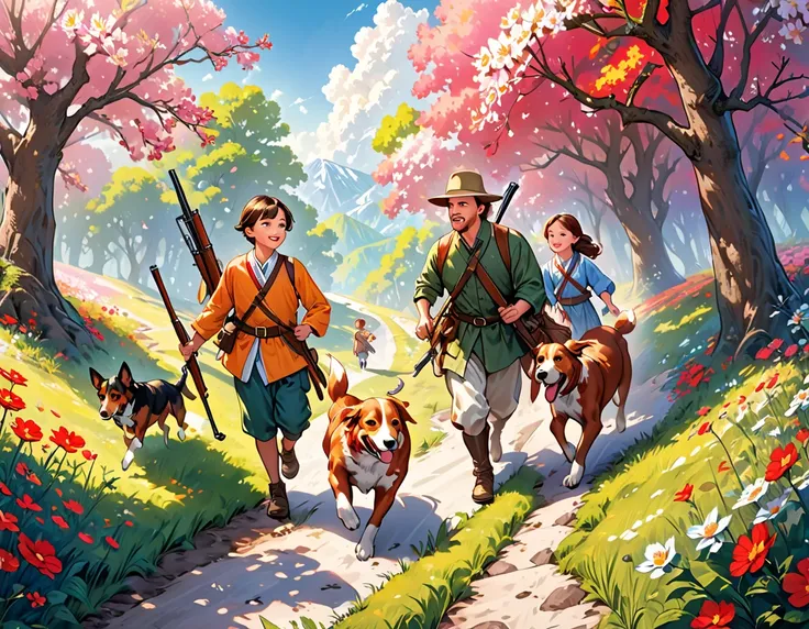 (Highest quality, Super detailed, Realistic: 1.37), Humorous, Cartoon style, Thick lines, childrens storybook illustration, Bright colors,Two hunters, hunting rifles in hand, walk cautiously along a path through a flowering forest, while two hounds run fro...