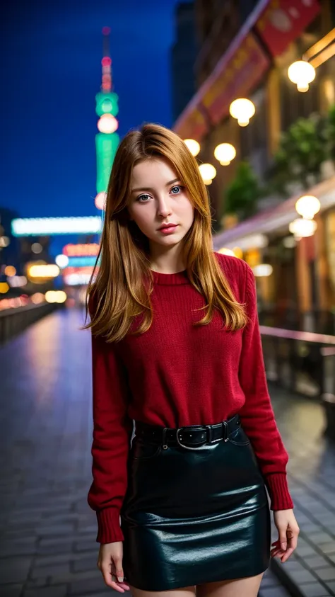 color photography of 27 years old (Polish woman:1.3), elegant, (in city promenade:1.3), at night, flat lighting, (soft saturation:1.2), analog style,girl from korea