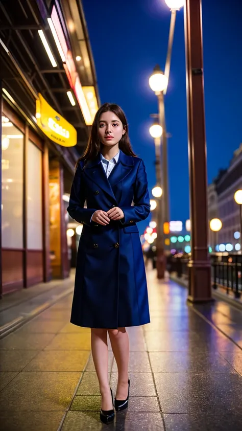 color photography of 27 years old (Polish woman:1.3), elegant, (in city promenade:1.3), at night, flat lighting, (soft saturation:1.2), analog style,girl from korea, black hair