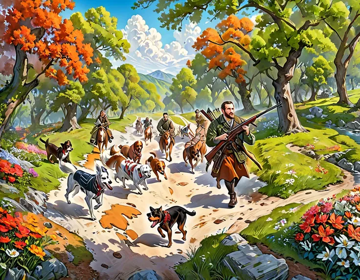 (Highest quality, Super detailed, Realistic: 1.37), Humorous, Cartoon style, Thick lines, childrens storybook illustration, Bright colors,Two hunters, hunting rifles in hand, walk cautiously along a path through a flowering forest, while two hounds run fro...